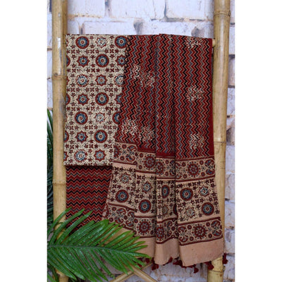 Cream Ajrakh Block Print Cotton Suit with Gold Block