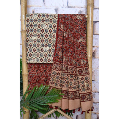 Cream Ajrakh Block Print Cotton Suit with Gold Block