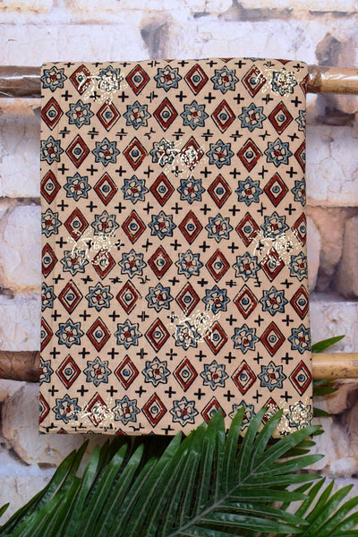 Cream Ajrakh Block Print Cotton Suit with Gold Block