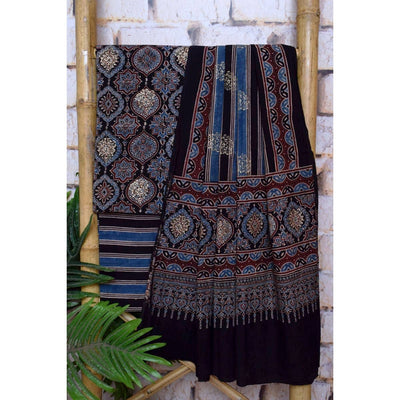 Black Ajrakh Block Print Cotton Suit with Gold Block