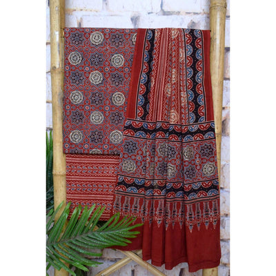 Madder Ajrakh Block Print Cotton Suit with Gold Block