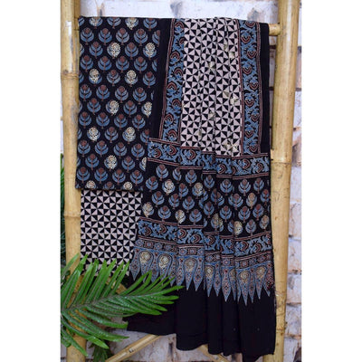 Black Ajrakh Block Print Cotton Suit with Gold Block