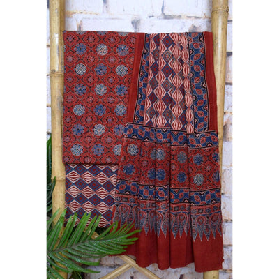 Madder Ajrakh Block Print Cotton Suit with Gold Block