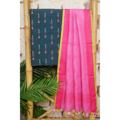 Ikat Two Piece Set with Linen Zari Booti Dupatta - SSEthnics
