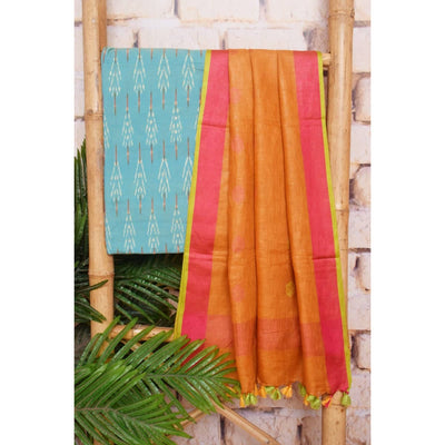 Ikat Two Piece Set with Linen Zari Booti Dupatta - SSEthnics