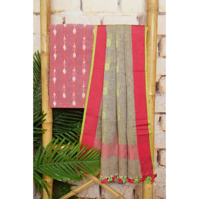 Ikat Two Piece Set with Linen Zari Booti Dupatta - SSEthnics