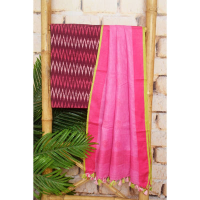 Ikat Two Piece Set with Linen Zari Booti Dupatta - SSEthnics