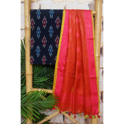 Ikat Two Piece Set with Linen Zari Booti Dupatta - SSEthnics
