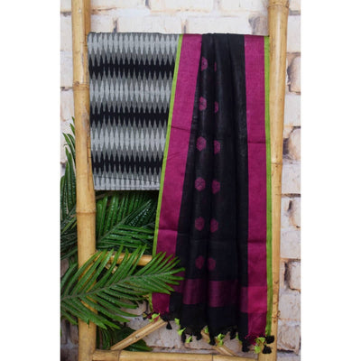 Ikat Two Piece Set with Linen Zari Booti Dupatta - SSEthnics