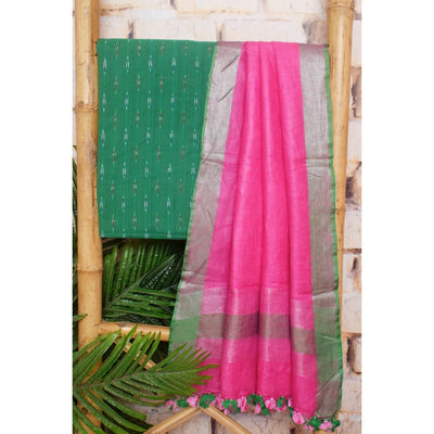 Ikat Two Piece Set with Linen Zari Booti Dupatta - SSEthnics
