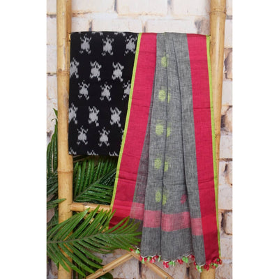 Ikat Two Piece Set with Linen Zari Booti Dupatta - SSEthnics