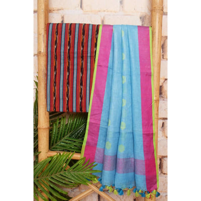 Ikat Two Piece Set with Linen Zari Booti Dupatta - SSEthnics