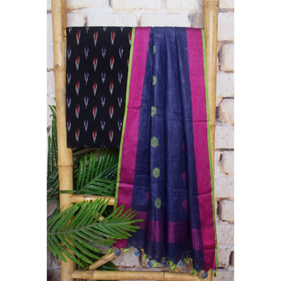 Ikat Two Piece Set with Linen Zari Booti Dupatta - SSEthnics