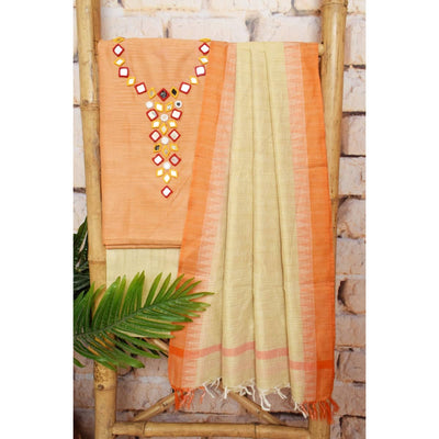 Peach Bhagalpuri Cotton Silk Suit with Mirror Work