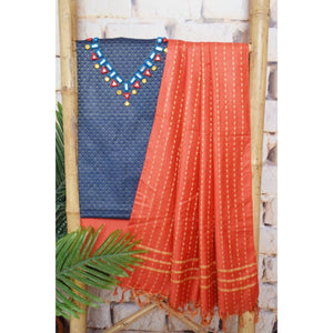 Blue-Red Bhagalpuri Cotton Silk Suit with Mirror Work