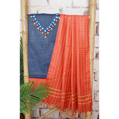 Blue-Red Bhagalpuri Cotton Silk Suit with Mirror Work