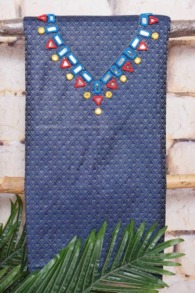 Blue-Red Bhagalpuri Cotton Silk Suit with Mirror Work