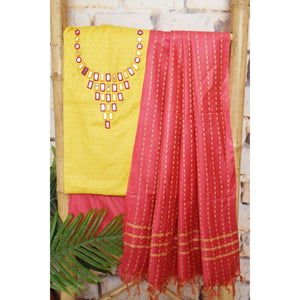 Yellow-Pink Bhagalpuri Cotton Silk Suit with Mirror Work