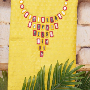 Yellow-Pink Bhagalpuri Cotton Silk Suit with Mirror Work