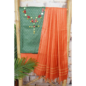 Green-Orange Bhagalpuri Cotton Silk Suit with Mirror Work