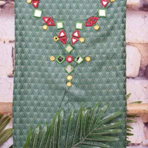 Green-Orange Bhagalpuri Cotton Silk Suit with Mirror Work