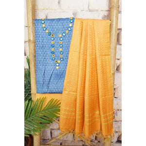 Blue-Yellow Bhagalpuri Cotton Silk Suit with Mirror Work