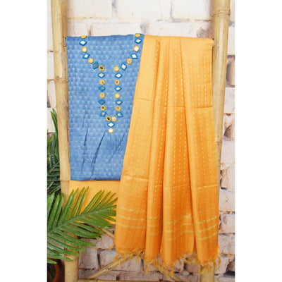 Blue-Yellow Bhagalpuri Cotton Silk Suit with Mirror Work