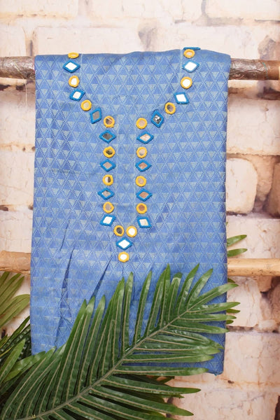 Blue-Yellow Bhagalpuri Cotton Silk Suit with Mirror Work