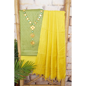 Green-Yellow Bhagalpuri Cotton Silk Suit with Mirror Work