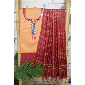 Peach-Maroon Bhagalpuri Cotton Silk Suit with Mirror Work