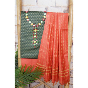 Green-Red Bhagalpuri Cotton Silk Suit with Mirror Work