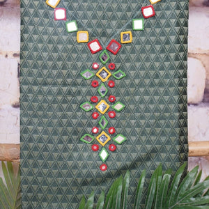 Green-Red Bhagalpuri Cotton Silk Suit with Mirror Work