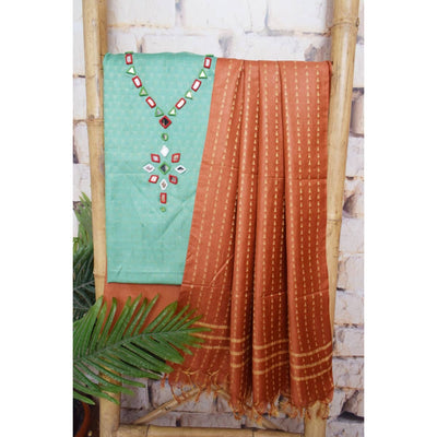 Blue-Brown Bhagalpuri Cotton Silk Suit with Mirror Work