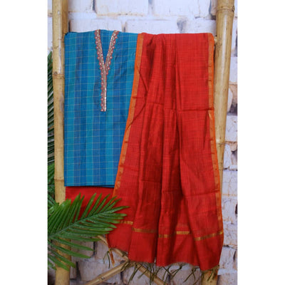 Blue Cotton Silk Hand Embroidered Suit