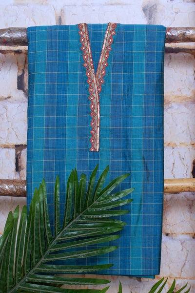 Blue Cotton Silk Hand Embroidered Suit