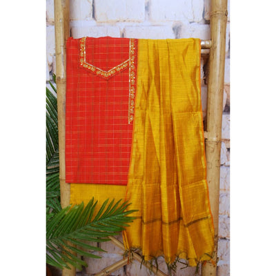 Red Cotton Silk Hand Embroidered Suit