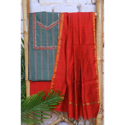 Moss Grey Cotton Silk Hand Embroidered Suit