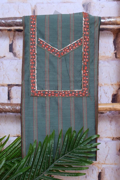 Moss Grey Cotton Silk Hand Embroidered Suit