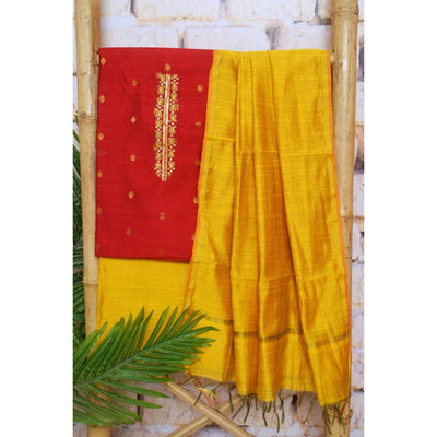 Red Cotton Silk Hand Embroidered Suit