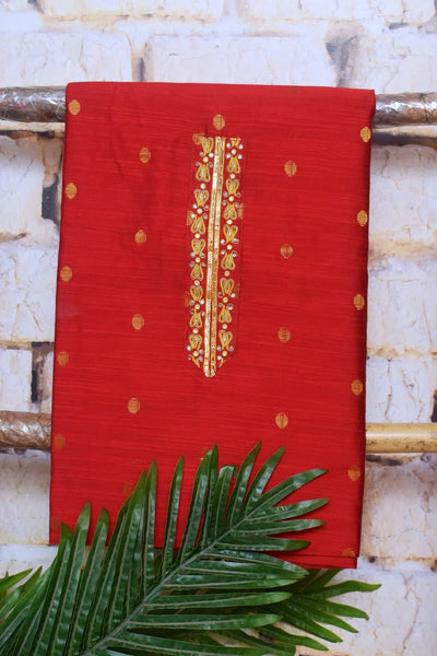 Red Cotton Silk Hand Embroidered Suit