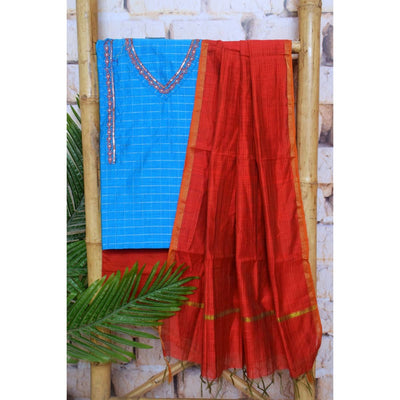 Blue Cotton Silk Hand Embroidered Suit