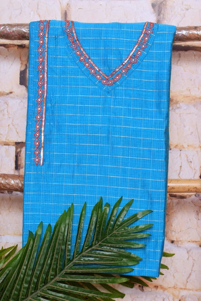 Blue Cotton Silk Hand Embroidered Suit