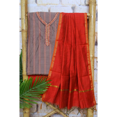 Brown Cotton Silk Hand Embroidered Suit