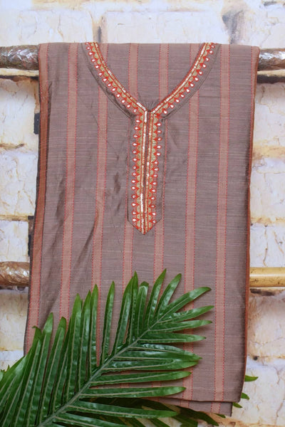 Brown Cotton Silk Hand Embroidered Suit