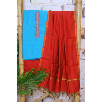 Blue Cotton Silk Hand Embroidered Suit