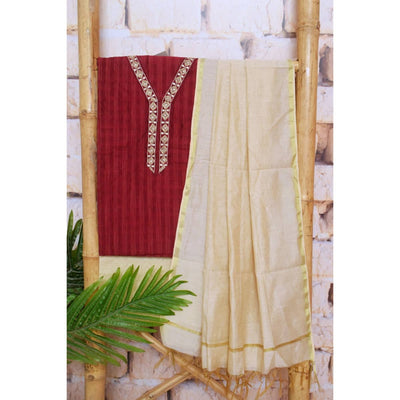 Maroon Cotton Silk Hand Embroidered Suit