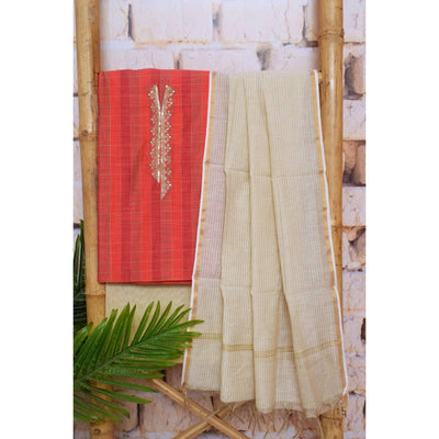 Carrot Red Cotton Silk Hand Embroidered Suit