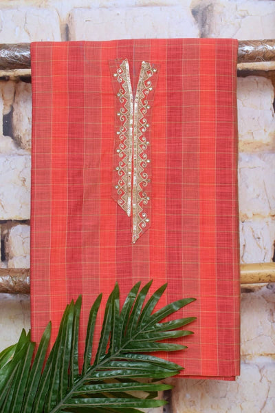 Carrot Red Cotton Silk Hand Embroidered Suit