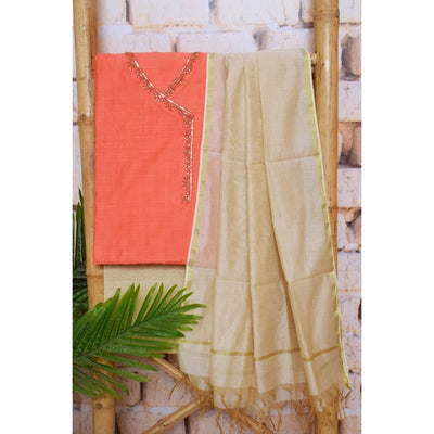 Peach Cotton Silk Hand Embroidered Suit