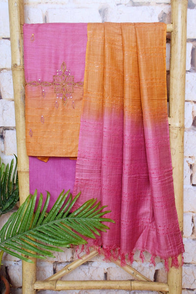 Pink Hand Embroidered Bhagalpuri Silk Cotton Suit
